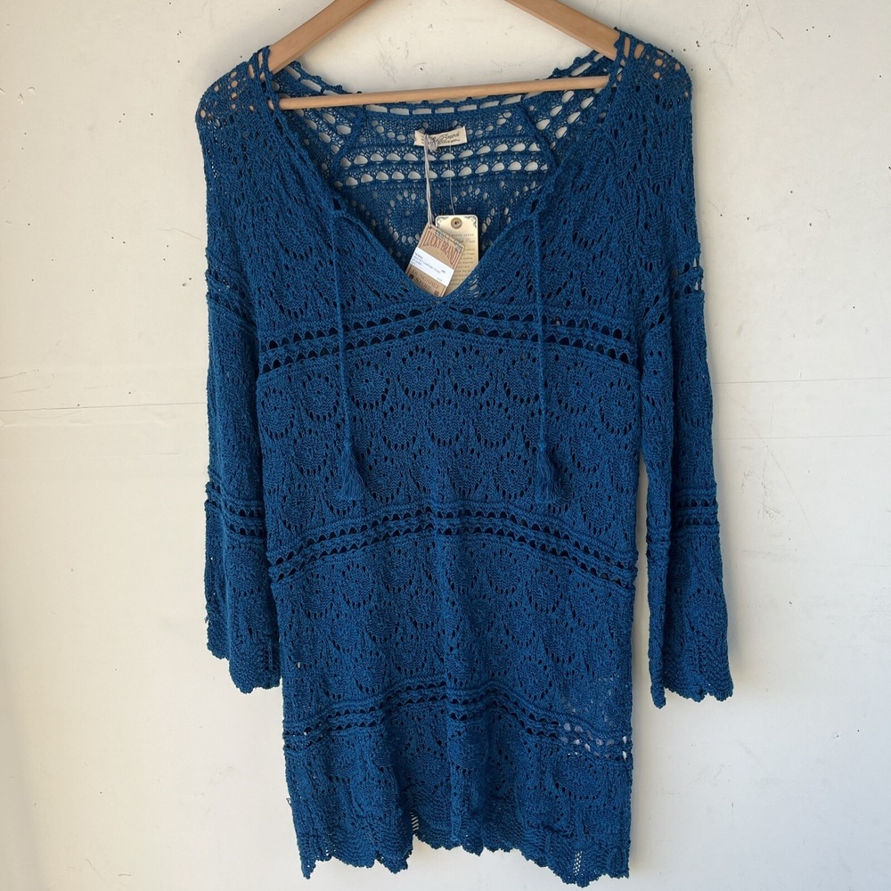 Lucky Brand Y2K Crochet Boho Blue Sapphire Tunic Boho Cottagecore M Festival